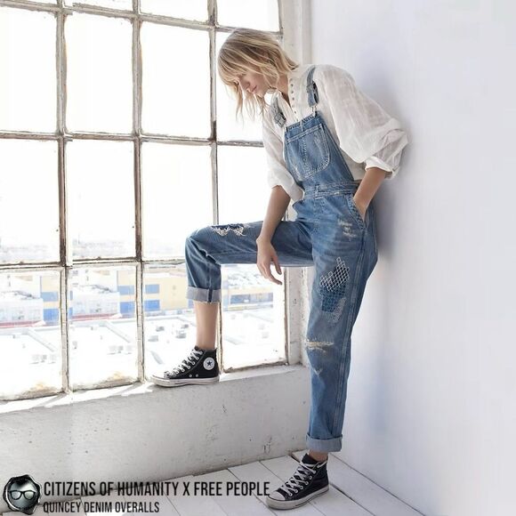 CITIZENS OF HUMANITY X FREE PEOPLE QUINCEY PATCHWORK EMBROIDERED DENIM OVERALLS - Picture 16 of 16
